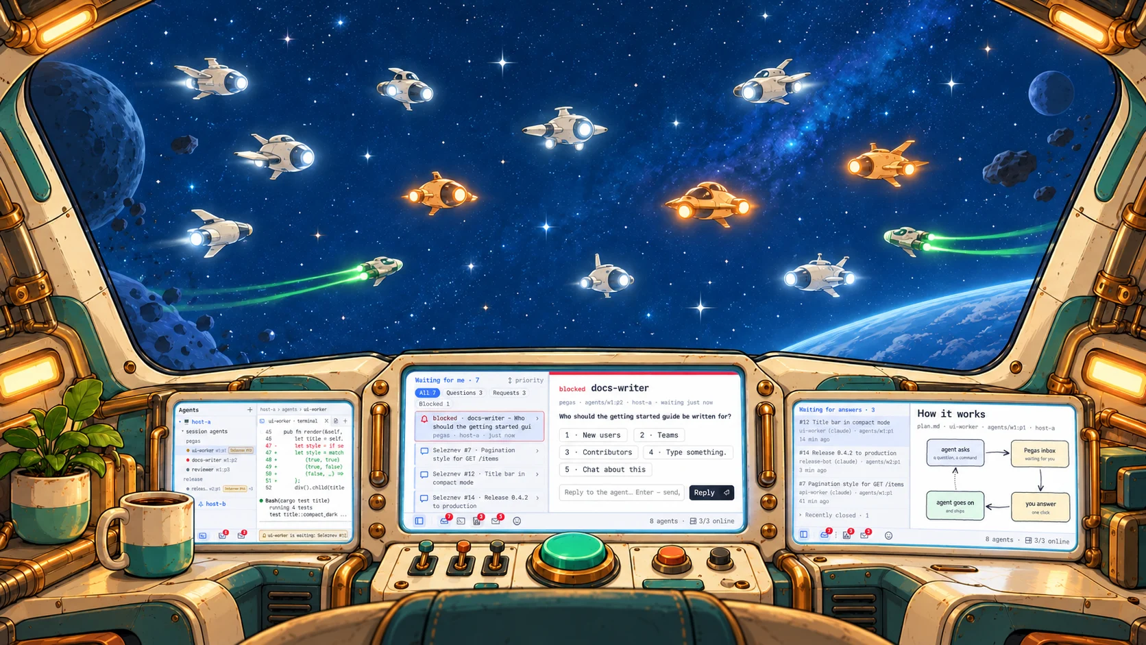 View from a spaceship cockpit: small ships fly past the windshield, some glowing amber; the three console monitors show Pegas windows: the agent tree, docs-writer waiting for an answer, and a hand-drawn sketch of how it works.