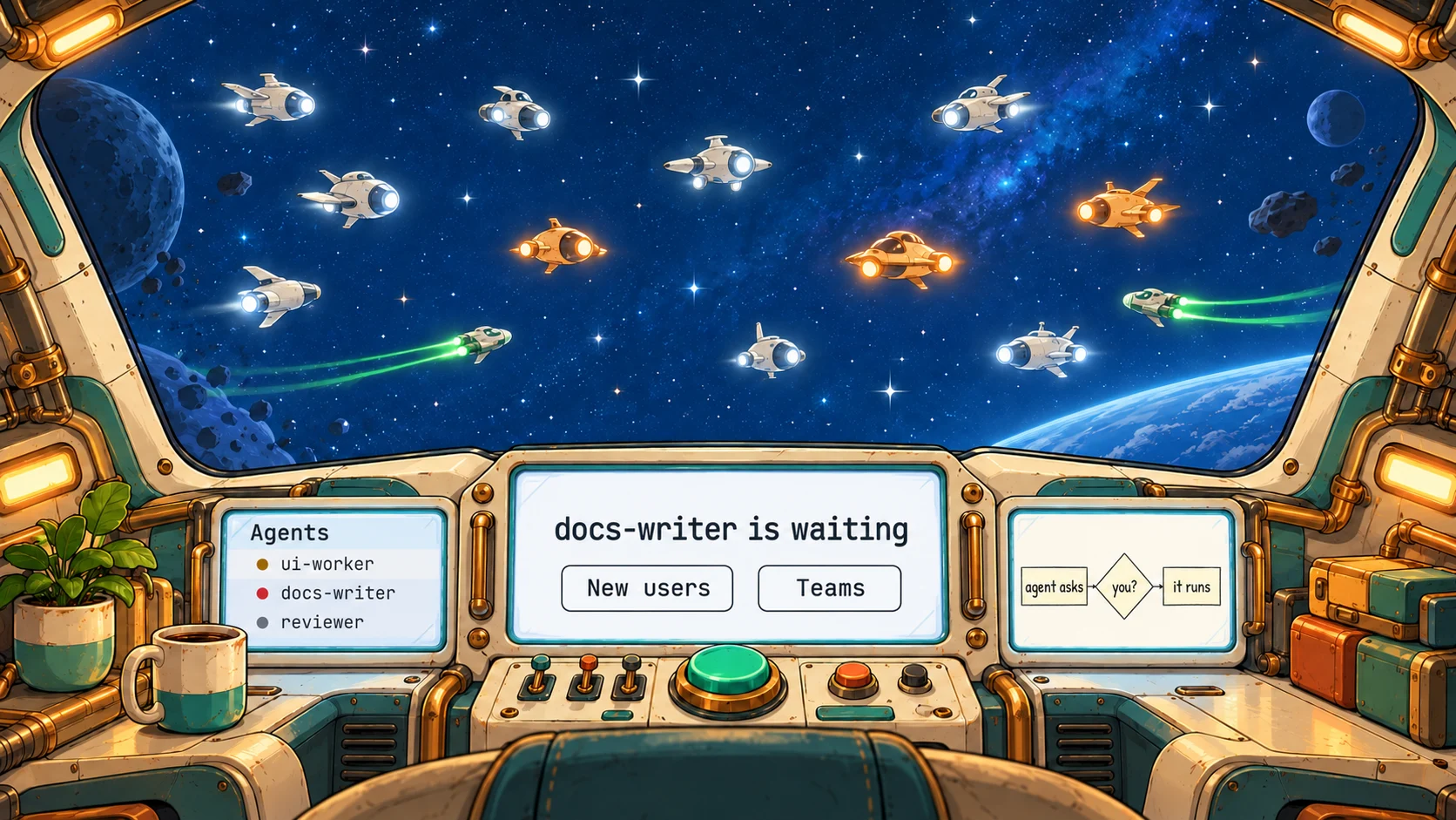 View from a spaceship cockpit: small ships fly past the windshield, some glowing amber; the console screens show Pegas: three agents, docs-writer waiting with two answers, and a sketch: the agent asks, you say yes, it runs.